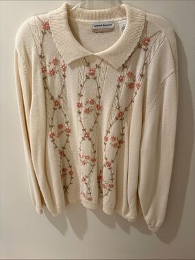 Alfred Dunner Cream Collared Sweater with Pink Floral Embroidery